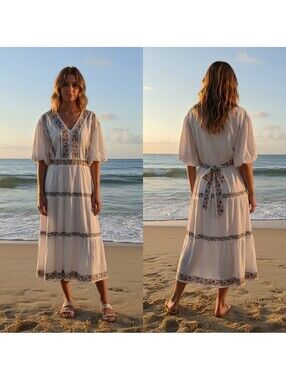 1802- Tea N Rose White Embroider'd Midi Dress w/ Puff Sleeves + Waist Tie, Large